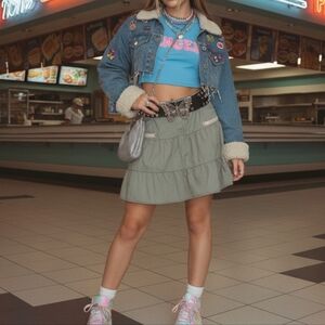 Y2K Vintage Mystic Luxury Khaki Green Tiered Cargo Midi Skirt Size 38 100% Cotto